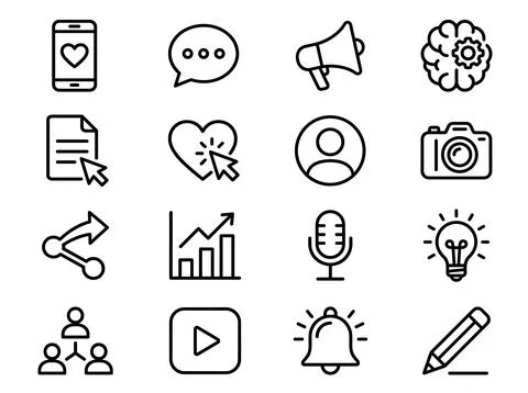 Set of 16 modern line art icons representing digital communication, social .. Stock Illustration