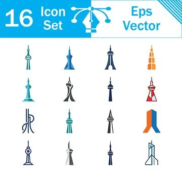 Set of 16 modern skyscraper and tower icons in vector graphics with buildin.. イラスト素材