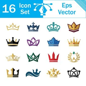 Set of 16 modern vector crown icons and royal symbols with collection Stock Illustration