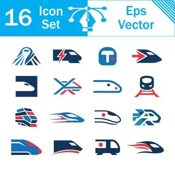 Set of 16 modern vector high speed train and railway icons with transportatio Stock-Illustration