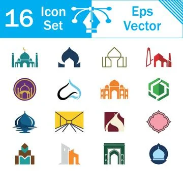 Set of 16 mosque building and architecture icons in various styles with ico.. Stock Illustration