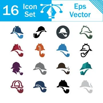Set of 16 multicolored detective icons with smoking pipes and hats Stock Illustration