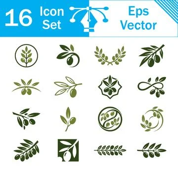 Set of 16 olive branch and leaves icon vector graphics on white background Stock Illustration
