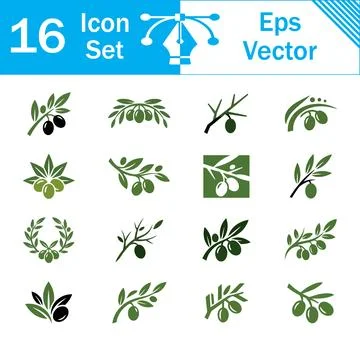 Set of 16 olive branch and fruit vector icons with agriculture Stock Illustration