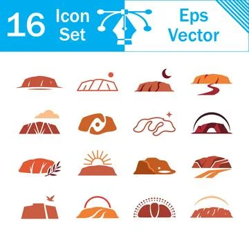 Set of 16 orange and red vector icons depicting desert landscapes and rocks Stock Illustration
