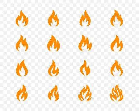 Set of 16 orange flame icons isolated on transparent background. Vector fire Illustrazione stock
