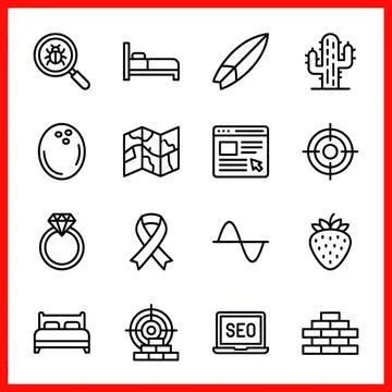 Set of 16 Outline Icons - Bug Search, Bed, Surfboard, Cactus, Bowling Ball,.. Stock Illustration