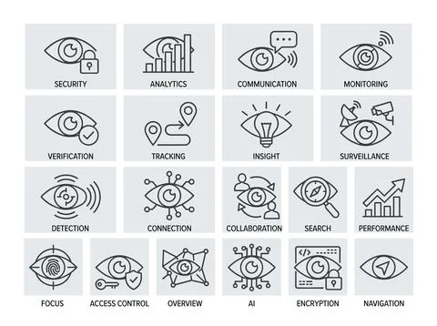 Set of 16 outline icons representing security, analytics, communication, mo.. Stock Illustration