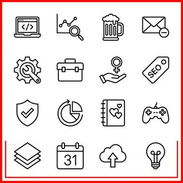 Set of 16 Outline Icons for Web and Mobile Apps. 스톡 일러스트