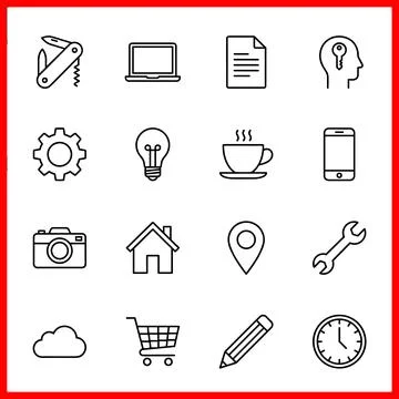 Set of 16 Outline Icons for Web and Mobile Applications. Illustrazione stock