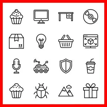 Set of 16 Outline Icons for Web and Mobile. Illustrazione stock
