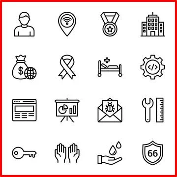 Set of 16 Outline Icons for Web and Mobile Applications. 스톡 일러스트