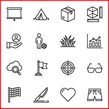 Set of 16 Outline Vector Icons for Business, Sports, and Everyday Objects. Stock Illustration