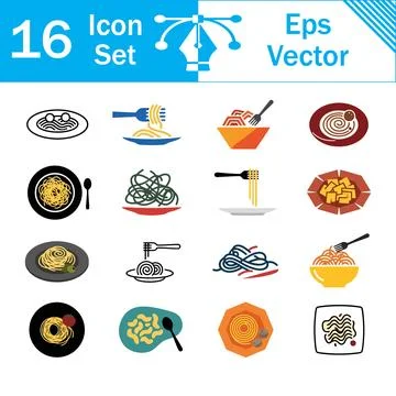 Set of 16 pasta and spaghetti dish icons and food symbols with spaghetti Illustrazione stock