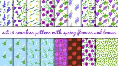 Set 16 pattern with spring flowers on white background. Stock Illustration