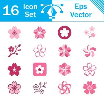 Set of 16 pink cherry blossom flower icons and floral design elements Illustration