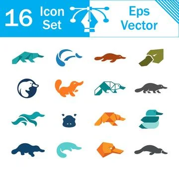 Set of 16 platypus vector icons in blue orange and brown colors with vector.. Stock Illustration
