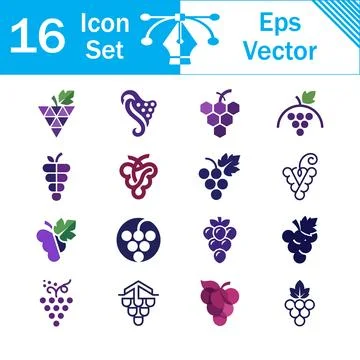 Set of 16 purple grape clusters and vineyard graphic icons with grape icon Stock Illustration