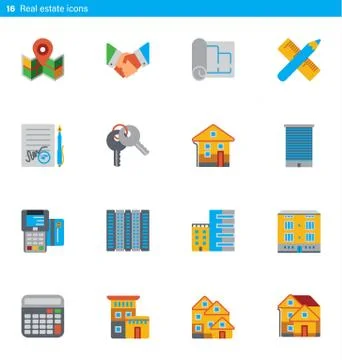 Set of 16 real estate vector flat icons in material style Stock Illustration