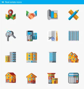 Set of 16 real estate vector flat icons in material style Stock Illustration