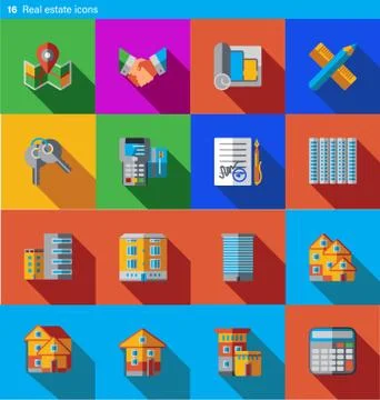 Set of 16 real estate vector flat icons in material style Stock Illustration