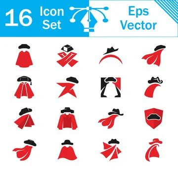 Set of 16 red and black matador bullfighter cape vector icon graphics Stock Illustration