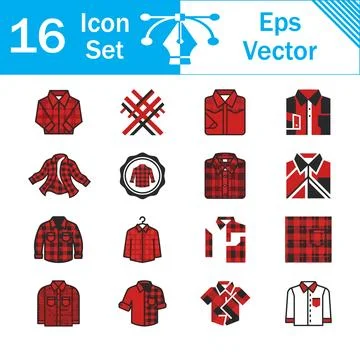 Set of 16 red and black plaid flannel shirt icons and graphic elements 스톡 일러스트