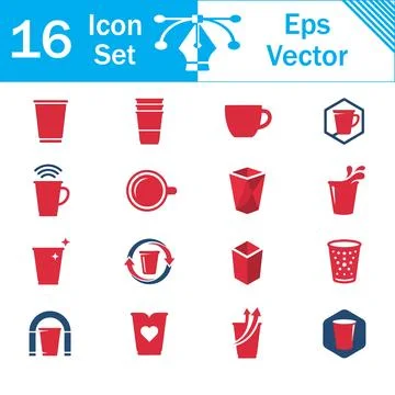 Set of 16 red and blue beverage and coffee cup vector icons with drink icon Stock Illustration