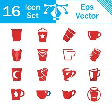 Set of 16 red coffee cup and beverage vector icons and symbols with drink ico Stock Illustration