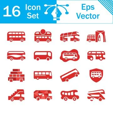 Set of 16 red double decker bus and transportation vector icons with vector.. Stock Illustration