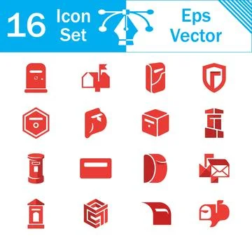 Set of 16 red mailbox and postal service vector icons with mailbox icon Stock Illustration