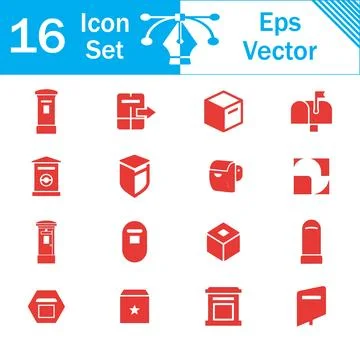 Set of 16 red postbox and mail delivery icons with postbox icon 스톡 일러스트