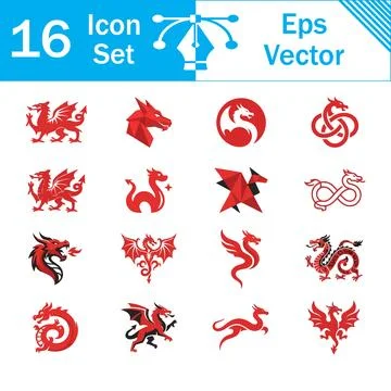 Set of 16 red vector dragon icons and mythical creature symbols with fairy ta Illustrazione stock