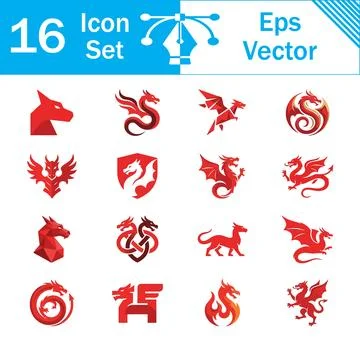 Set of 16 red vector icons featuring mythical dragons and creatures Illustrazione stock