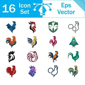 Set of 16 rooster and bird vector icons and graphic elements with icon pack Illustration