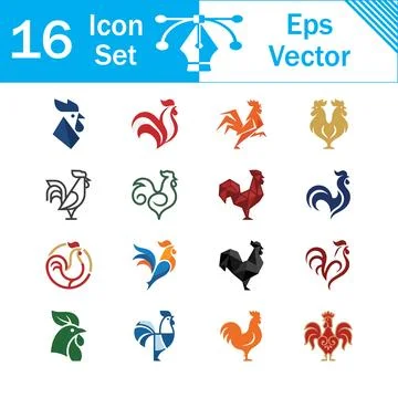 Set of 16 rooster and chicken vector icons in flat design style with farm a.. Ilustración de archivo