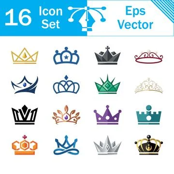 Set of 16 royal crown logo icons and luxury vector symbols with tiara icon Stock Illustration