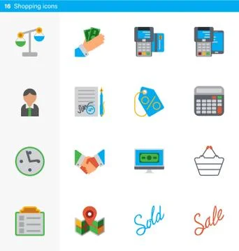 Set of 16 shopping vector flat icons in material style Stock Illustration