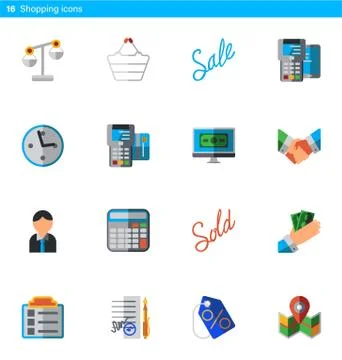 Set of 16 shopping vector flat icons in material style Stock Illustration