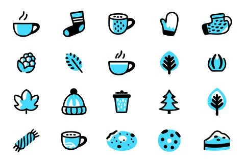 A set of 16 simple, cartoon-style winter icons in a bright Stock Illustration