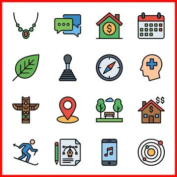 Set of 16 Simple Flat Color Filled Line Icons for Creative Design. Ilustração Stock