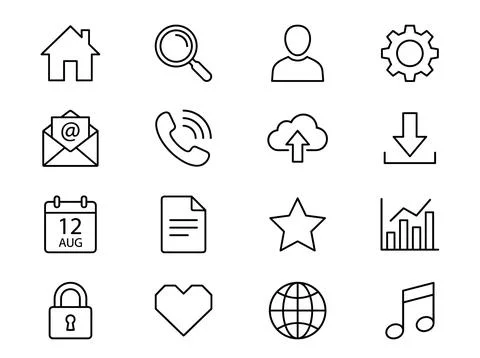 Set of 16 simple outline icons representing common web and app functions li.. Иллюстрация