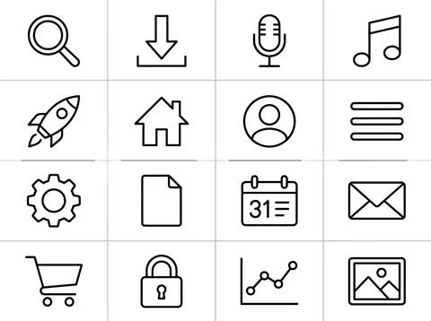 Set of 16 simple outline icons for web and mobile applications including se.. Stock-Illustration