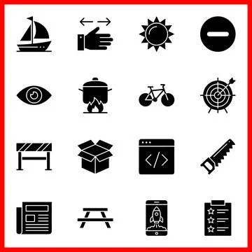Set of 16 Simple Solid Black Icons for Various Concepts. Illustrazione stock