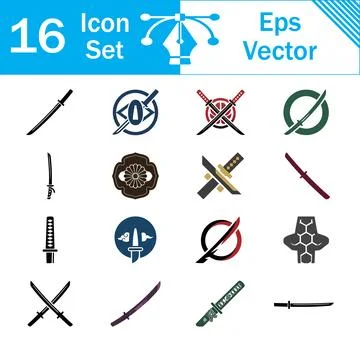 Set of 16 solid black and color icons of katana sword and blade weapon Stock-Illustration