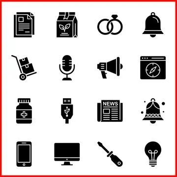 Set of 16 Solid Glyphs for commercial and personal use, such as document, p.. Ilustração Stock