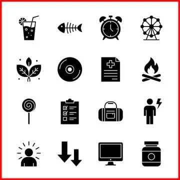 Set of 16 solid glyphs user interface pack. Stock Illustration
