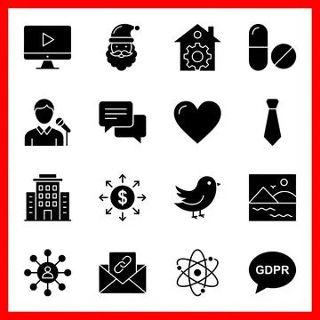 Set of 16 solid glyphs user interface and business icons. Иллюстрация