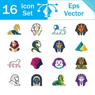 Set of 16 sphinx and pyramid vector icons with egyptian monument architecture 스톡 일러스트