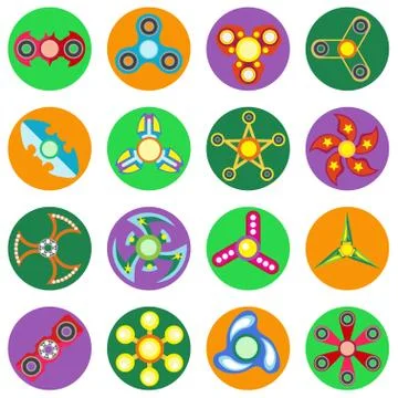 Set of 16 spinners of different shapes a flat style. Vector image on a round  Stock Illustration